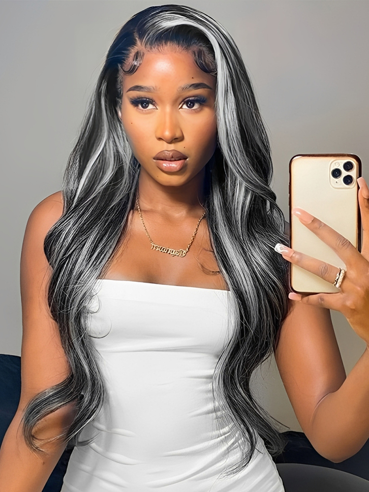 Black Human Hair Wigs With Grey Highlights