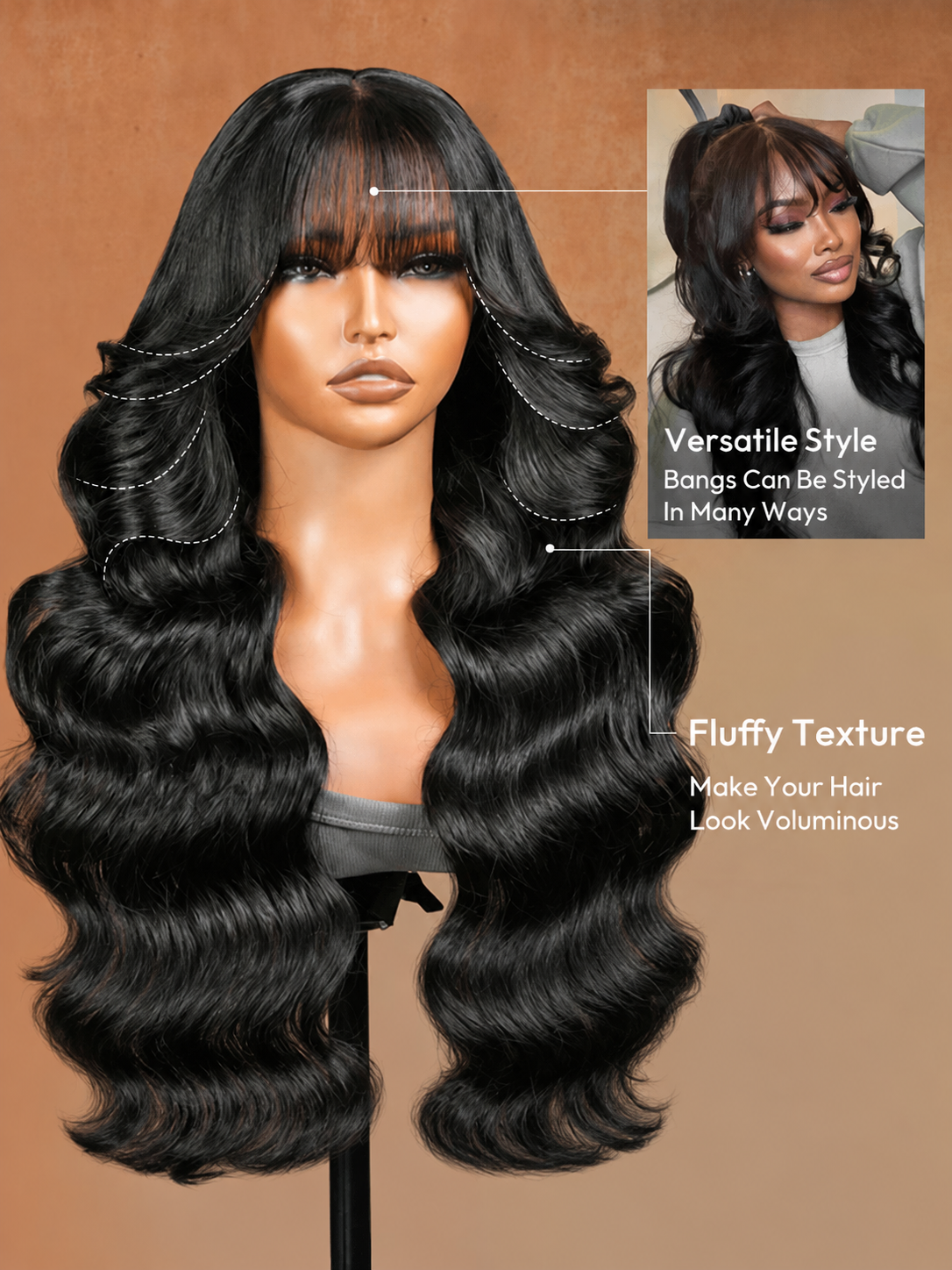 Pre-Everything Customized Wave Wig Black Fluffy Natural With Curtain Bangs Wig