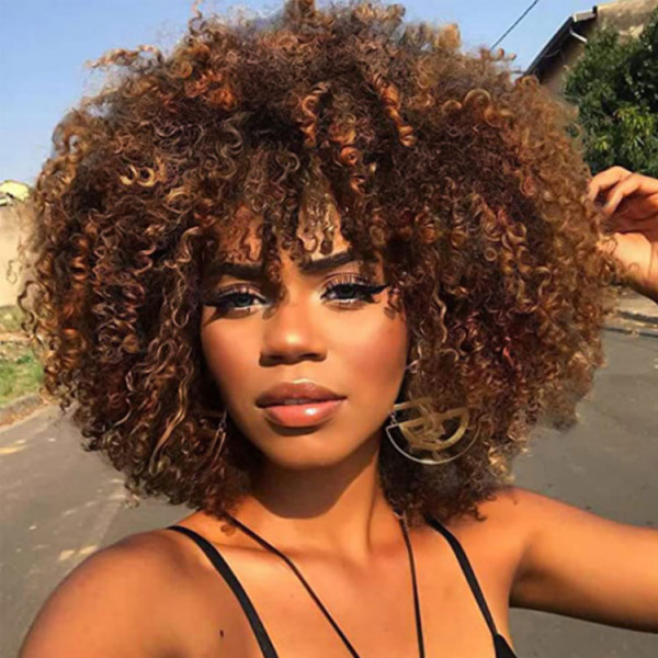 Short Curly Afro Wig With Bangs Brown Blonde Ombre Wig -West Kiss Hair