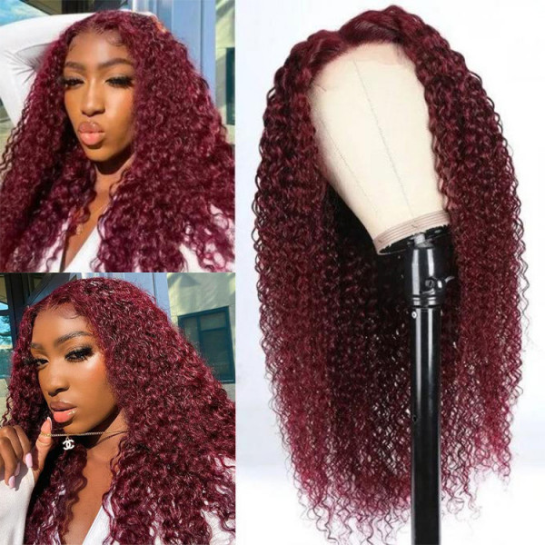 burgundy curly lace front wigs