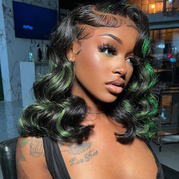 Black Human Hair Wigs With Green Highlights