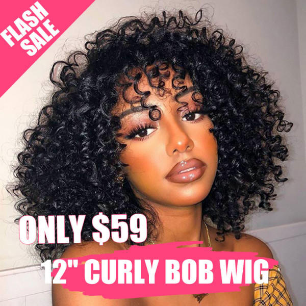 Flash Sale - Curly Human Hair Bob Wigs With Bangs 12 Inch Bob For Women