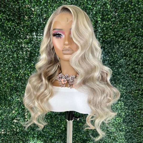 Platinum Blonde Highlight Wig Body Wave Blonde Human Hair Highlight Lace Front Wigs