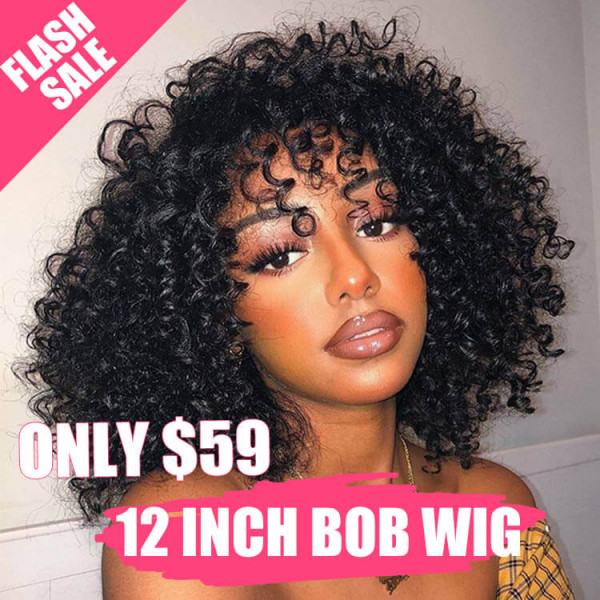 Flash Sale - Curly Human Hair Bob Wigs With Bangs 12 Inch Bob For Women