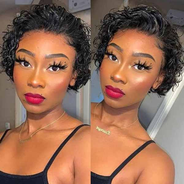 Short Curly Pixie Cut Wig Human Hair Lace Front Wigs 6Inch