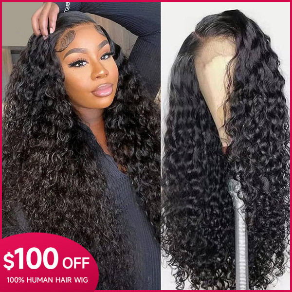 Water Wave Natural Black Wig Human Hair Glueless 4x4 Lace Wigs