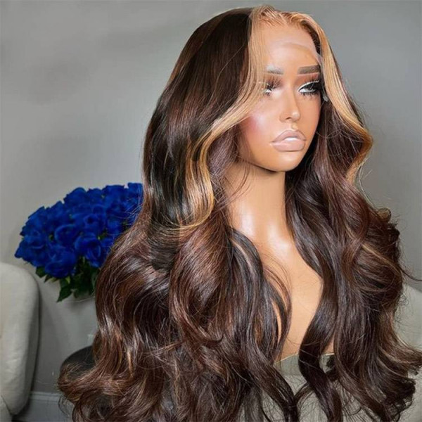 Brown Wig With Honey Blonde Frontal Highlights Lace Front Wig Body Wave