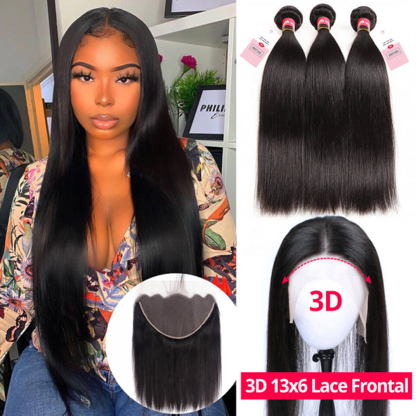 Brazilian Straight Human Virgin Hair 3 Bundles With 13*6 Lace Frontal