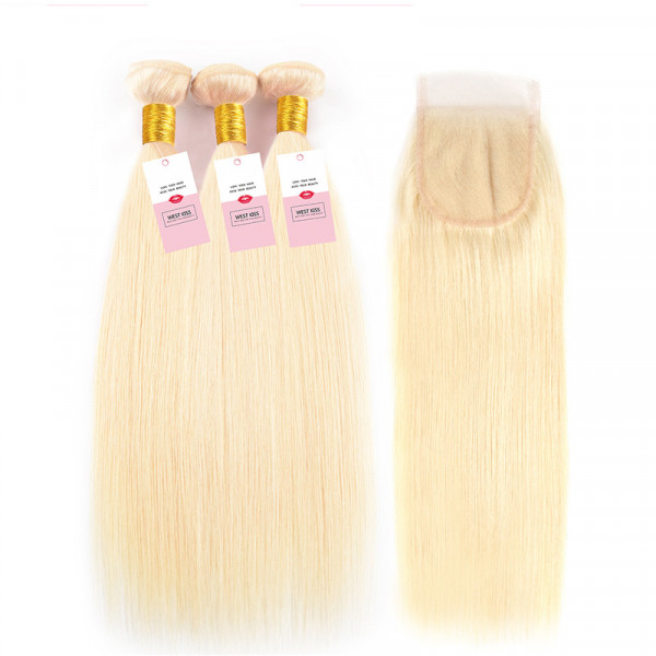 #613 Pure Blonde Brazilian Straight Hair 3 Bundles With Closure
