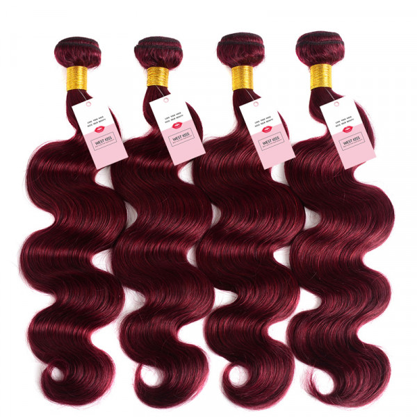 Pure Color 99J Burgundy Body Wave Human Hair Weaves 4 Bundles/Lot