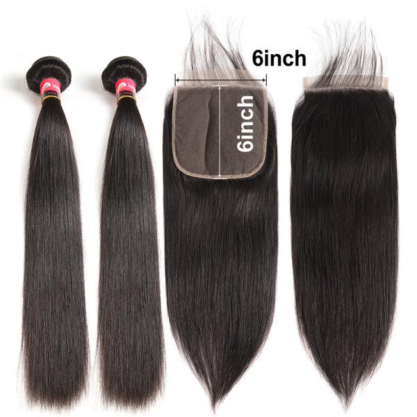 6x6 Lace Closure With Brazilian Straight Hair 2 Bundles 9A Grade Human Hair Straight Bundles With Closure