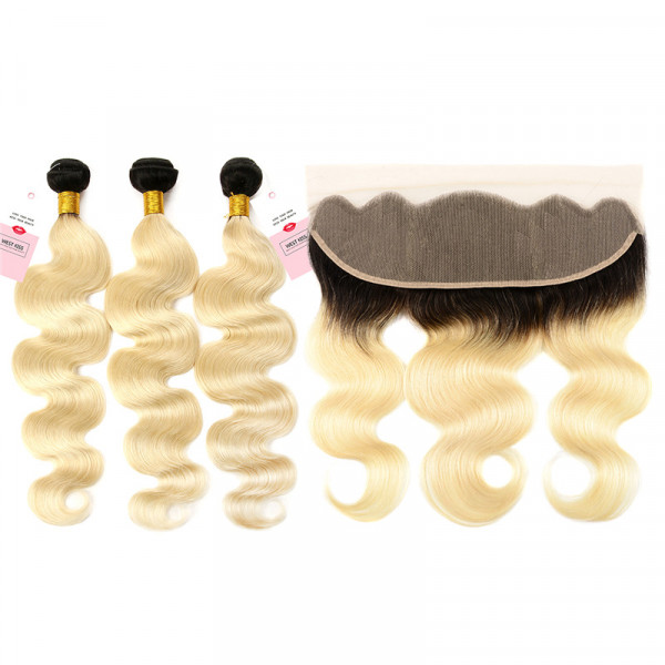 Ombre Hair Color 1B/613 Body Wave Weave 3 Bundles With 13*4 Lace Frontal