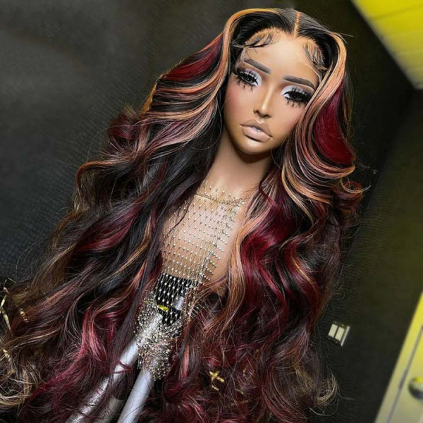 Highlight Body Wave Wig With Red And Honey Blonde Mixed Highlight
