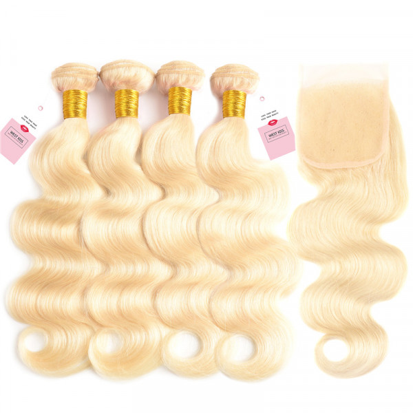 #613 Blonde Hair Body Wave 4*4 Lace Closure And 4 Bundles Human Hair Bundles