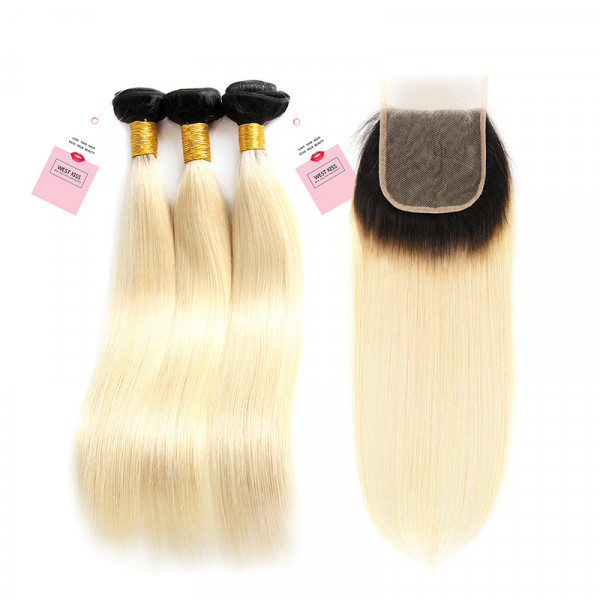 Ombre Hair Color 1B/613 Straight Virgin Hair 3 Bundles With 5*5 Lace Closure