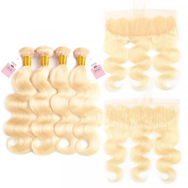 Color 613 13*4 Lace Frontal And Body Wave 4 Bundles Blonde Virgin Hair 