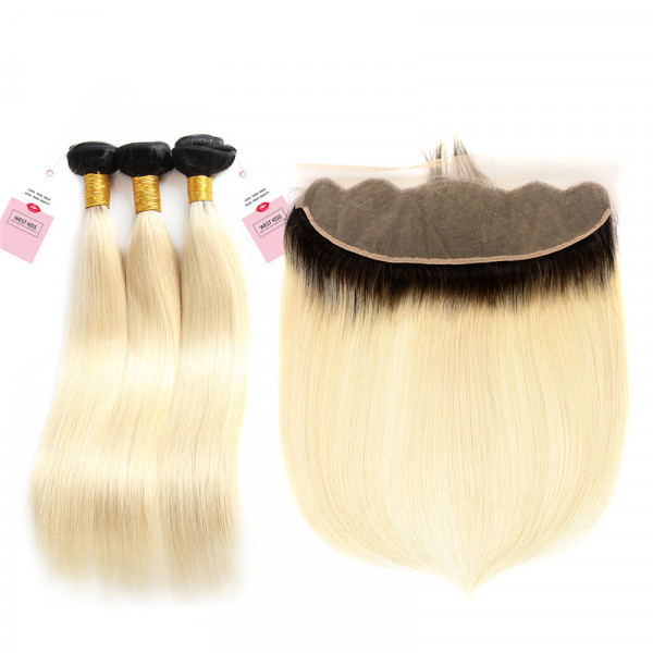 3 PCS 1B/613 Color Brazilian Straight Hair Weave With 13*4 Lace Frontal