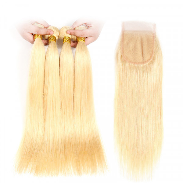Blonde Hair Color 613 Straight Virgin Hair 4 PCS With 4*4 Lace Closure
