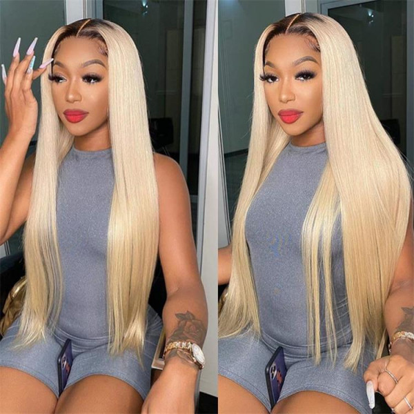 1b/613 Ombre Human Hair Straight Wigs Blonde With Dark Roots Lace Front Wigs For African American Women