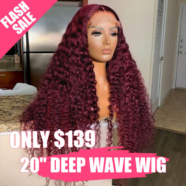 Flash Sale - 99J Deep Wave Wigs 13*4 Lace Front Wigs Burgundy Colored Wigs