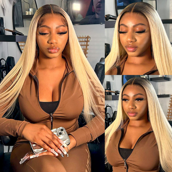 1b/613 Ombre Human Hair Straight Wigs Blonde With Dark Roots Lace Front Wigs For African American Women
