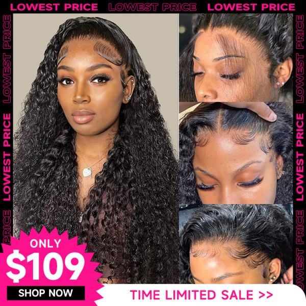 Clearance Sale - Natural Curly Human Hair Lace Front Wig Black Full Jerry Curly Lace Wigs