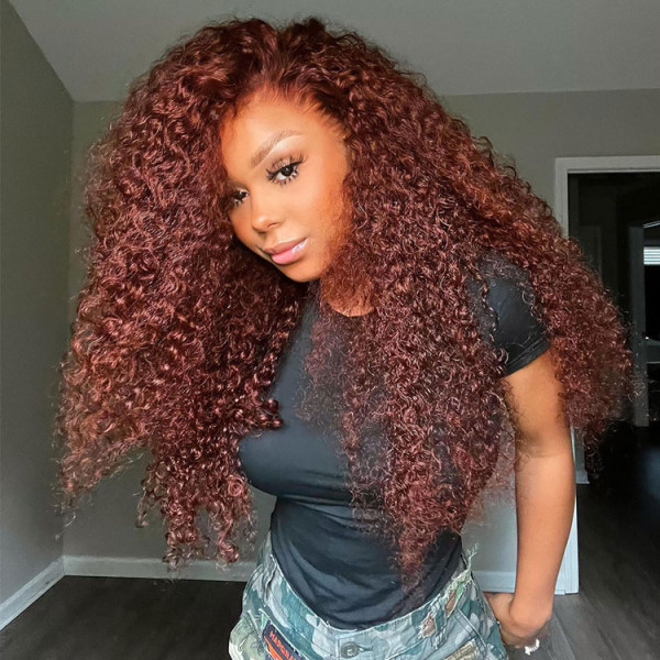 Long Kinky Curly Wig Reddish Brown Colored Curly Transparent Lace Front Wigs
