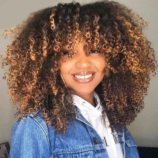 Short Curly Afro Wig With Bangs Brown Blonde Ombre Human Hair