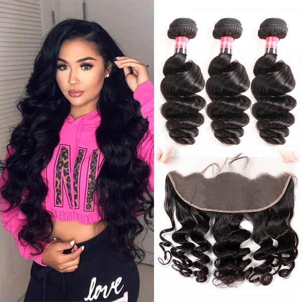 Loose Wave 3 Bundles With 13x4 Lace Frontal Human Hair Weave With Closure