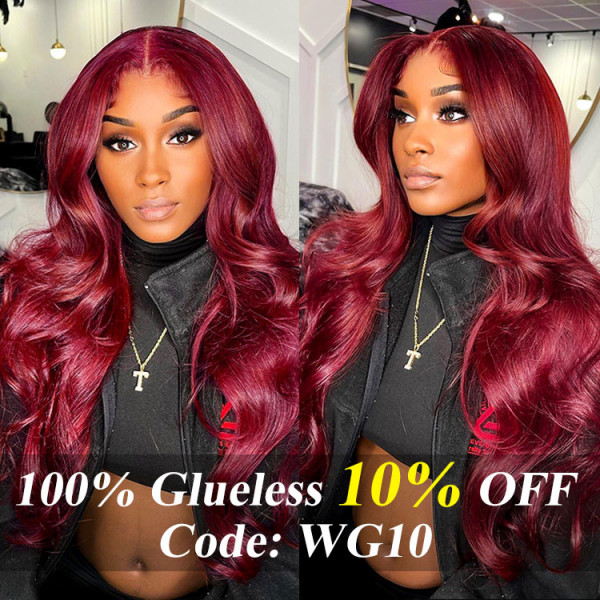 Glueless Wear And Go Wigs - 99J Burgundy Body Wave Lace Wigs On Dark Skin