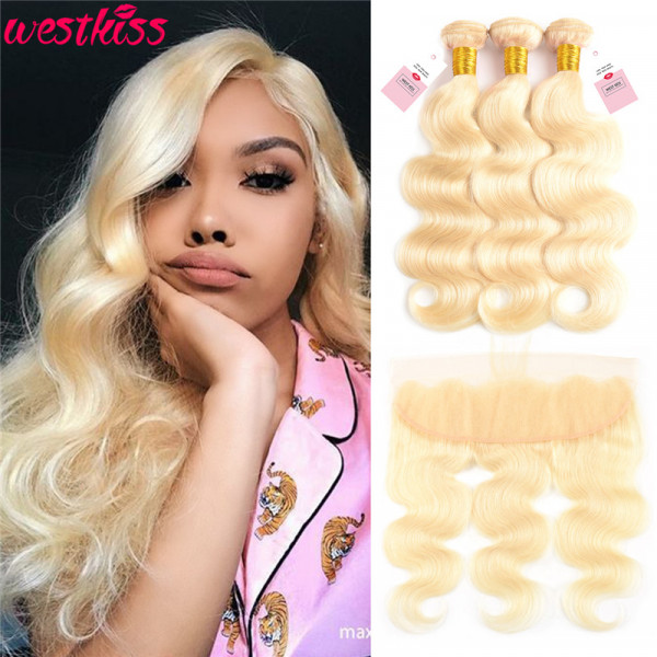 Color 613 Body Wave 3 Bundles With 13*4 Lace Frontal Blonde Hair