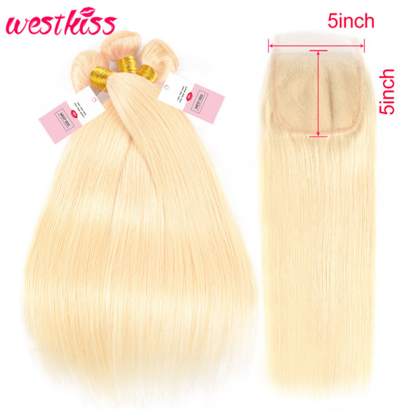 Blonde Straight Hair 5*5 Lace Closure With 3 Bundles Brazilian Virgin Straight Human Hair Weaves