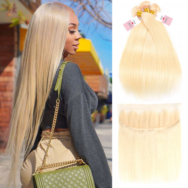Straight Virgin Hair 613 Color 13*4 Lace Frontal Closure With  3 Bundles Blonde Weave