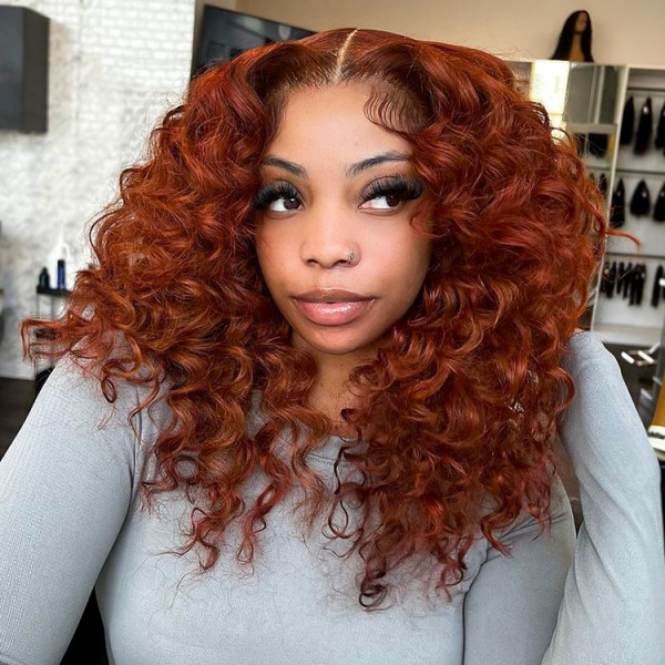 Copper Colored Deep Wave Wigs Middle Part Pre-Plucked Auburn Lace Front Wig