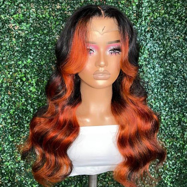 Orange And Black Ombre Wig Body Wave Colored 13x6 Lace Front Wigs Highlight
