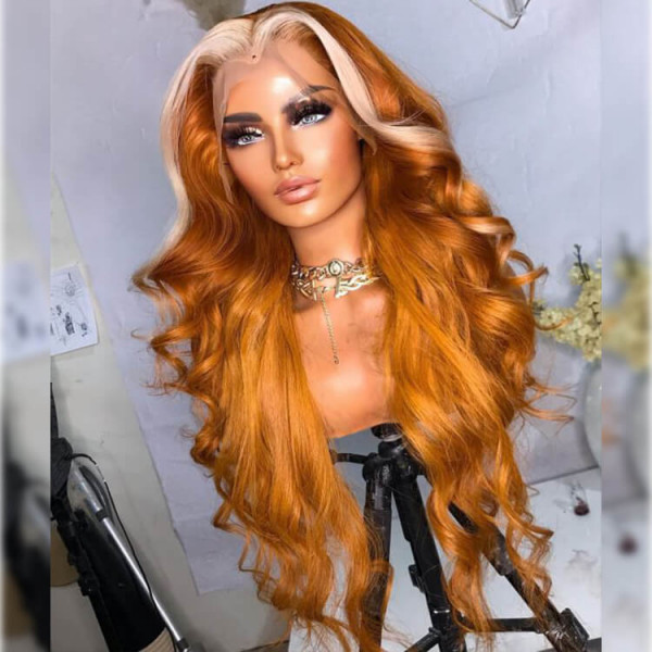 Ginger Lace Front Wig With Blonde Highlights Body Wave Hair Skunk Stripe Wigs