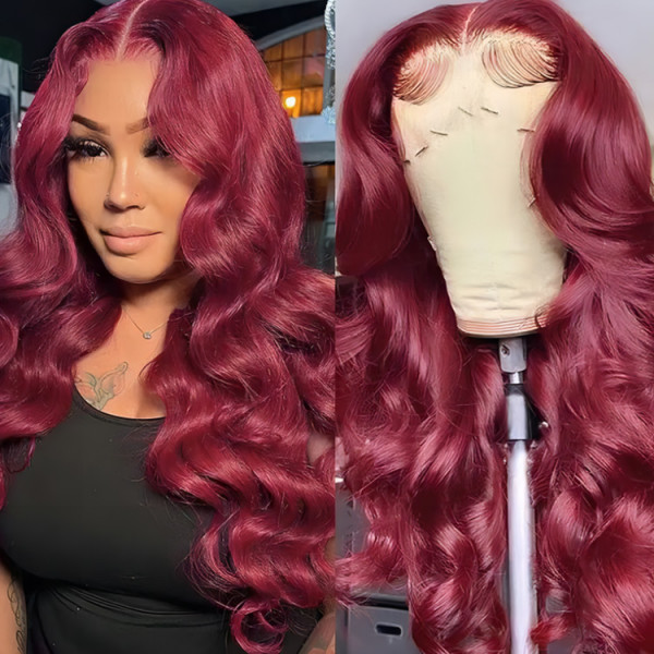 99J Body Wave Lace Front Wigs Affordable Burgundy Colored Human Hair Wigs For Black Women
