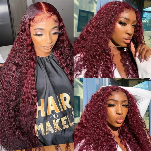 Ready To Go Wigs - 99J Burgundy Deep Wave Lace Front Wigs Customized Pre Colored Deep Weave Hair