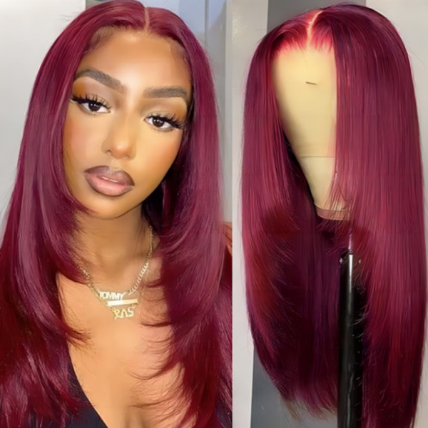 99J Layered Straight Wig Burgundy Color Layered Human Hair Lace Front Wigs