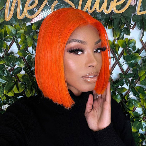 Straight Orange Bob Wig Middle Part Colored Bob Lace Wigs Human Hair