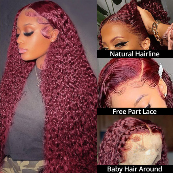 99J Colored Affordable Curly Hair Lace Front Wigs Brazilian Human Hair Real Hair Wigs For Women