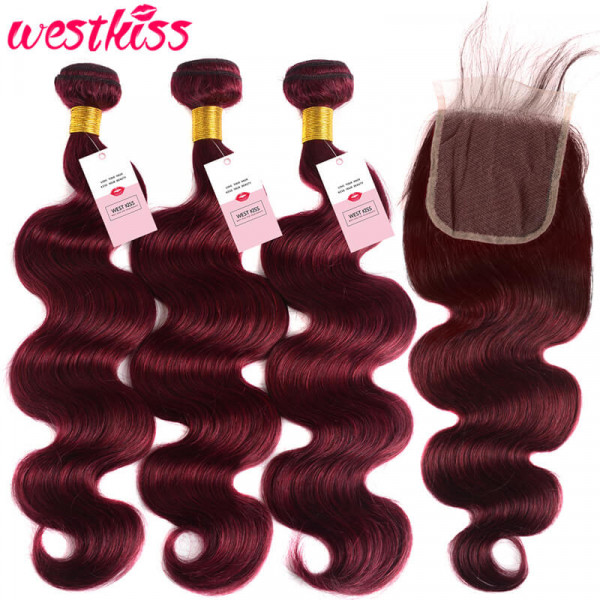 99J Body Wave 3 Bundles And 4*4 Lace Closure Burgundy Hair Weaves With Closures