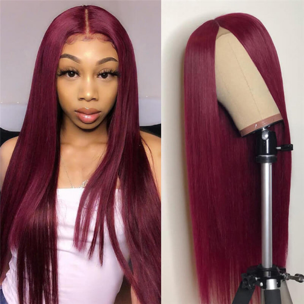 1B/99J 99J Colored Lace Front Wigs Straight Pre Plucked Human Hair With Baby Hair