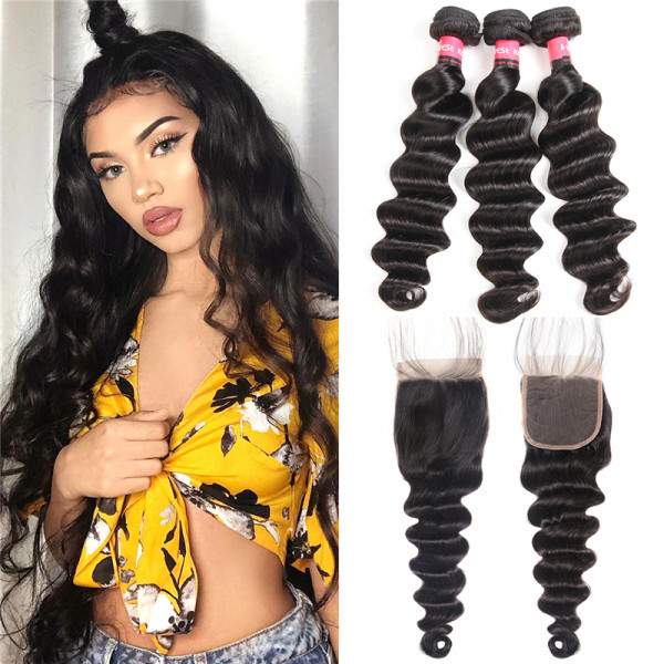 Loose Deep 3pc Weaves With Closures 4*4 Lace Closures Human Hair Extensions