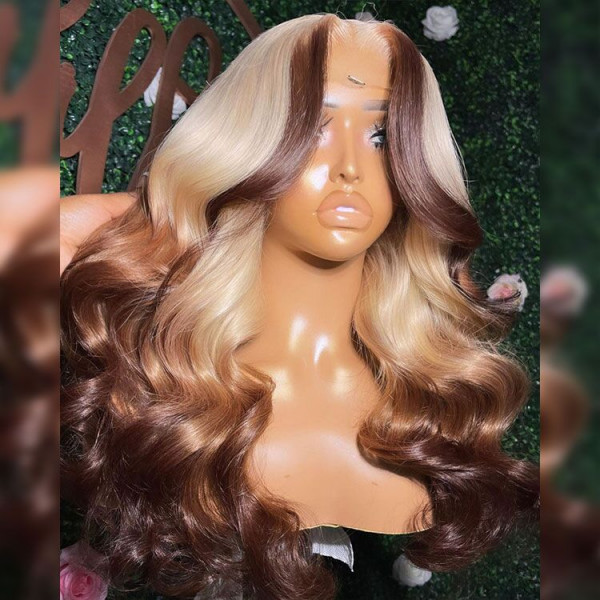Blonde And Brown Ombre Wig Body Wave Light Brown Streaks Ombre Lace Front Wigs