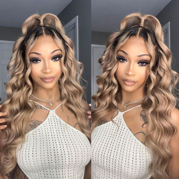 Ash Blonde Wig With Dark Roots Body Wave Ombre Lace Front Human Hair Wig 