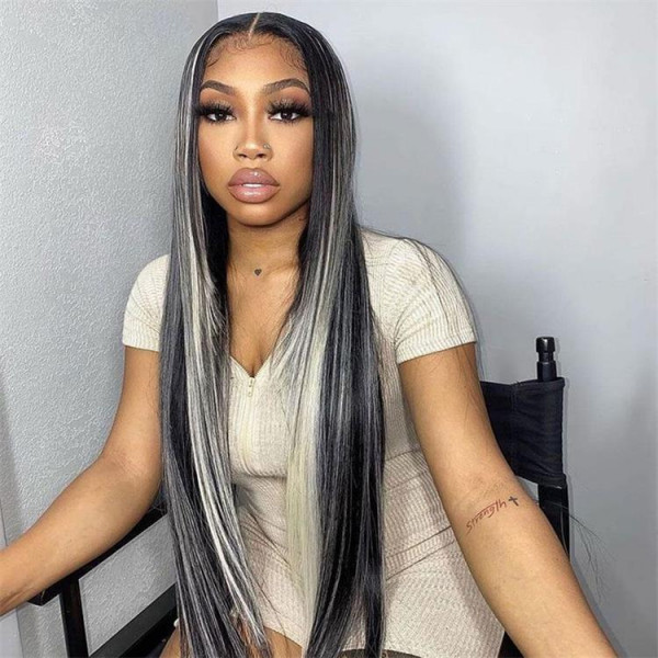 Straight Black Wigs With Gray Highlights Lace Front Wig Flash Sale