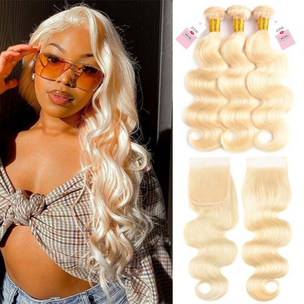 613 Blonde Hair Body Wave 3 Bundles With 4*4 Lace Closure