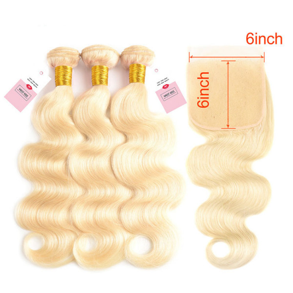 613 Blonde Hair 6*6 Lace Closure And Blonde Body Wave Weave 613 Bundles With Closure