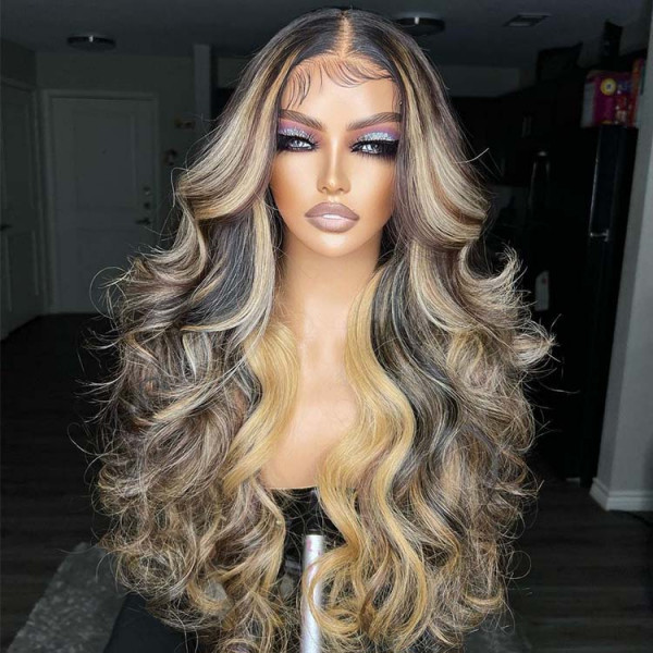 Body Wave Black Human Hair Wigs With Brown And Blonde Highlights 